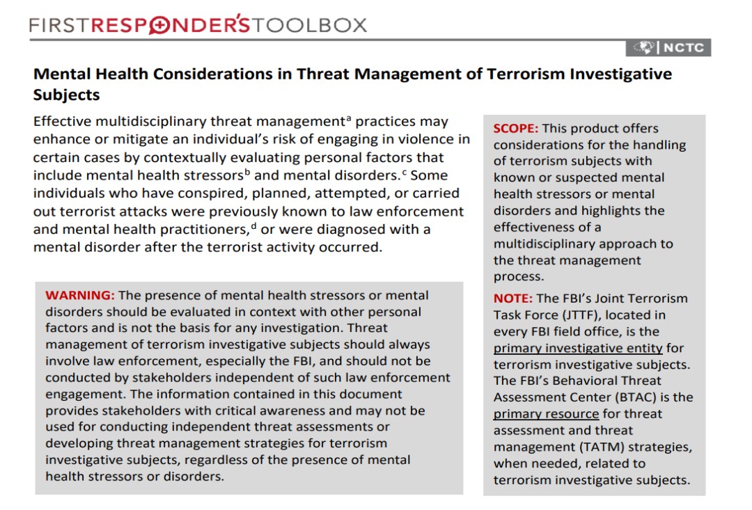 Mental Health Considerations in Threat Management of Terrorism Investigative Subjects
