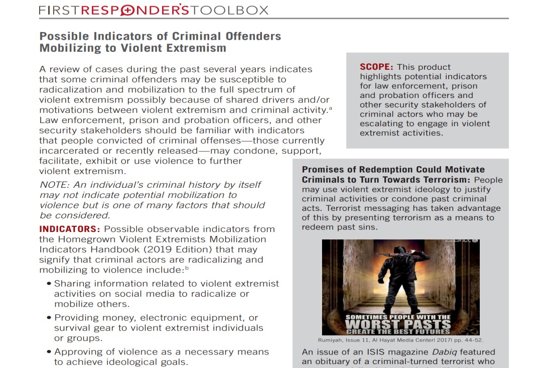 Possible Indicators of Criminal Offenders Mobilizing to Violent Extremist