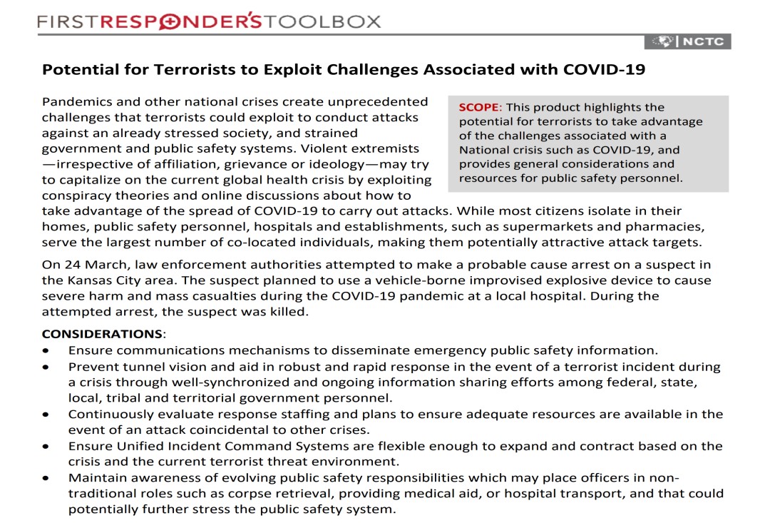 Potential for Terrorists to Exploit Challenges Associated with COVID-19