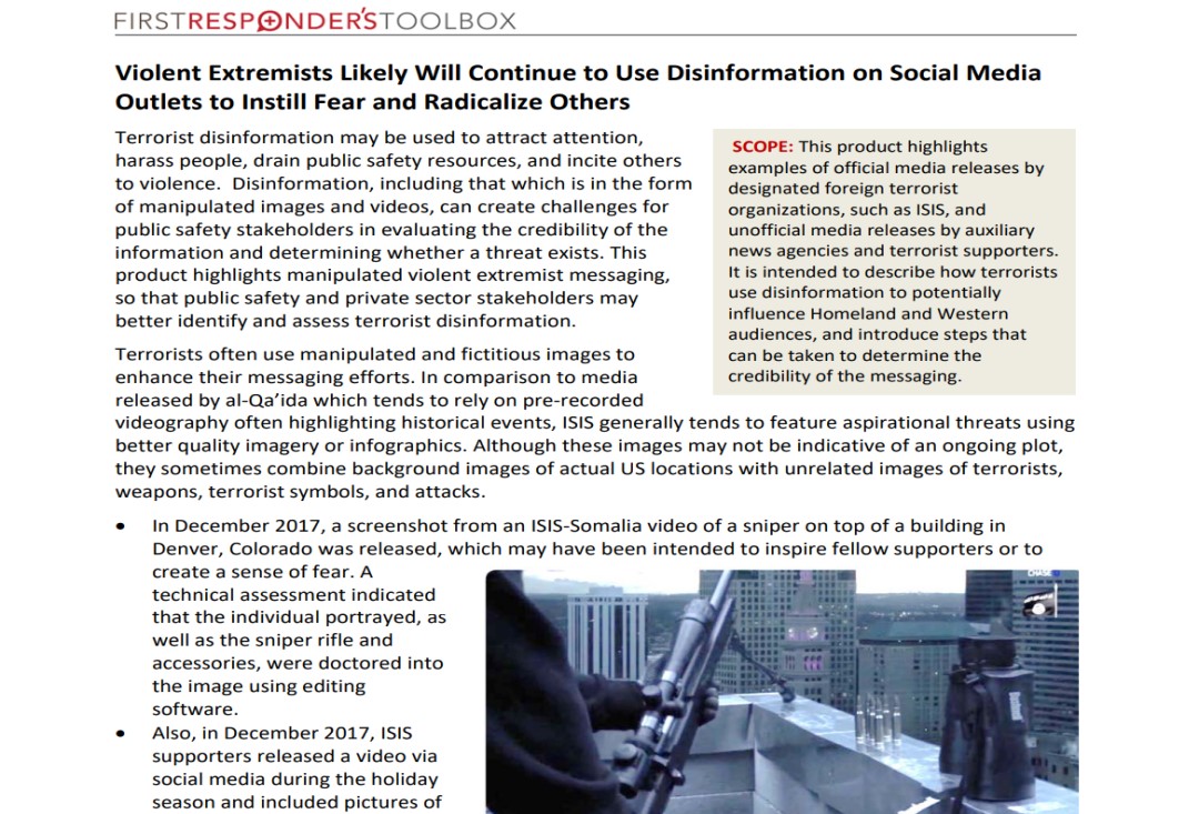 Violent Extremists Likely Will Continue to Use Disinformation on Social Media Outlets to Instill Fear and Radicalize Others