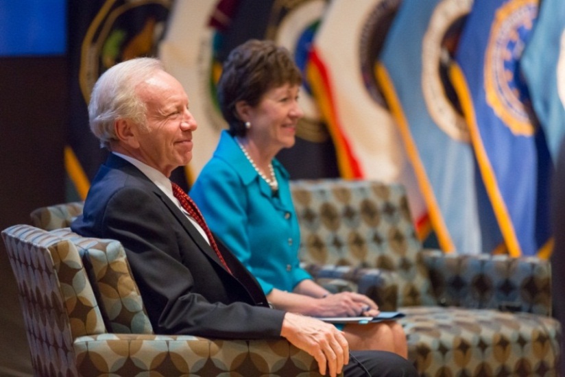 The congressional team behind much of the IRTPA legislation Senators Susan Collins and Joe Lieberman (ret.) attend a program to commemorate the NCTC’s decade of service at ODNI’s LX auditorium in June. (ODNI Public Affairs)