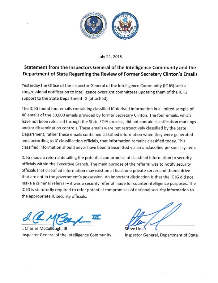 Statement from the Inspectors General of the Intelligence Community and the Department of State Regarding the Review of Former Secretary Clinton's Emails
